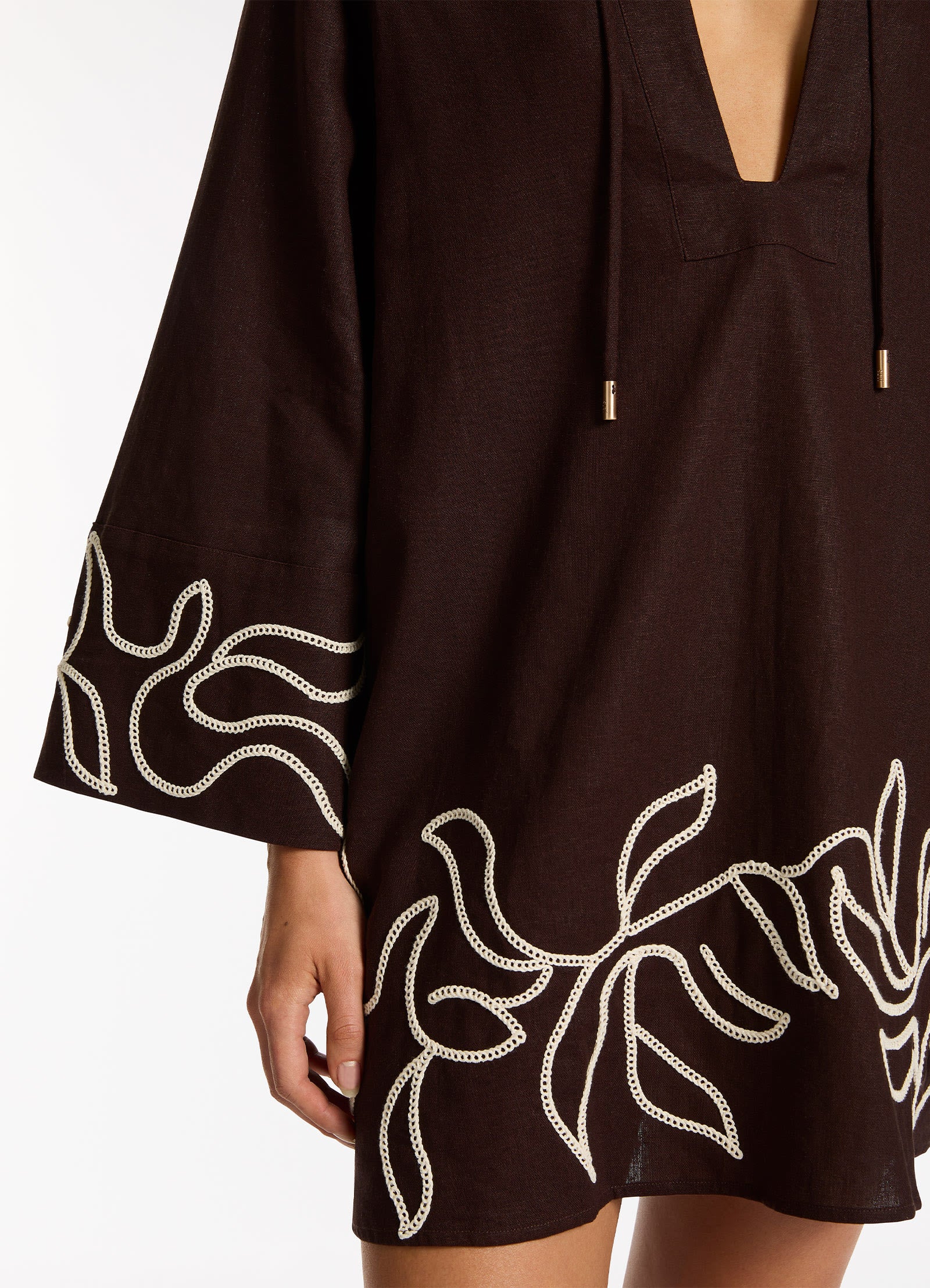 Dahlia Palm Embroidered Mini Kaftan - Chocolate - Image 4