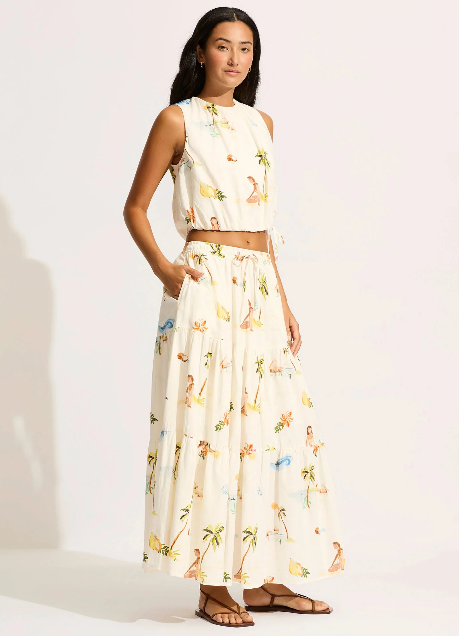 Isla Palm Drawcord Waist Top - Ecru - Image 3