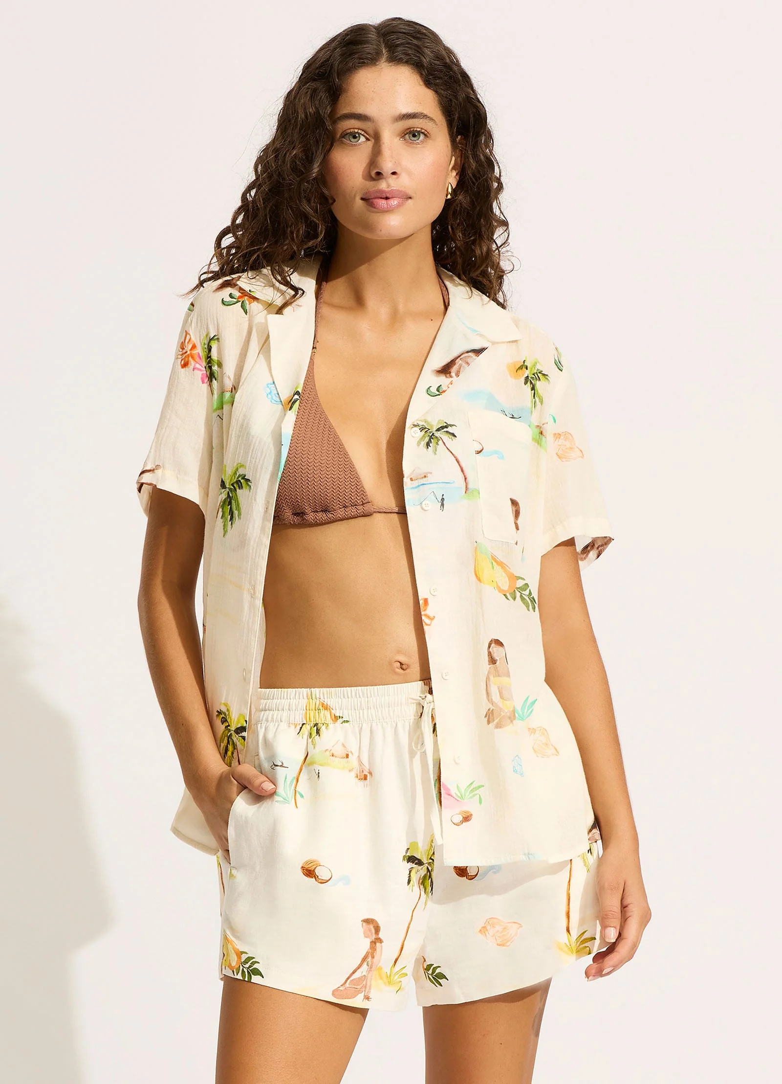 Isla Palm Longline Short Sleeve Shirt - Ecru - Image 2