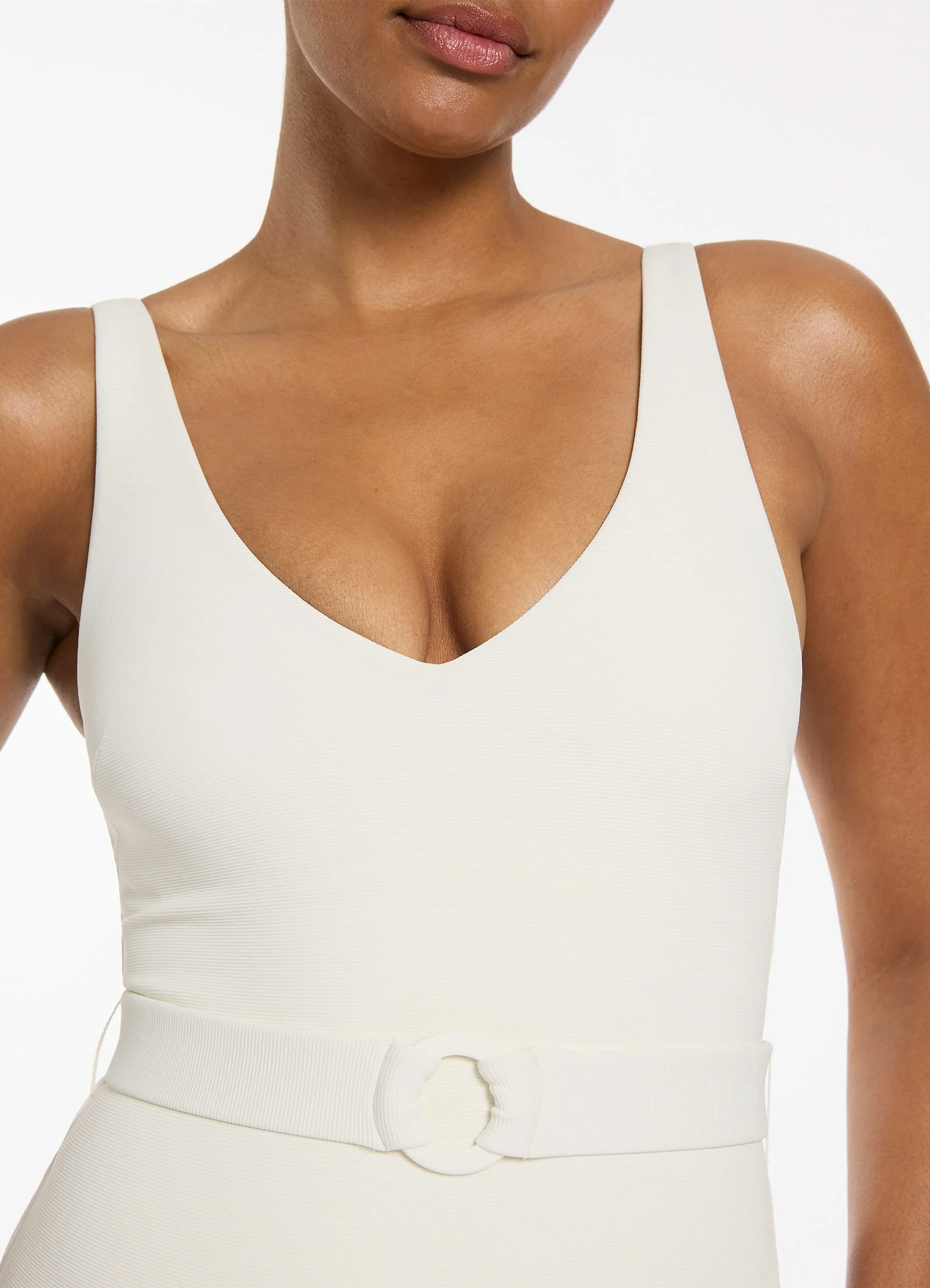 Isla Rib V-Neckline Belted One Piece - Cream - Image 7