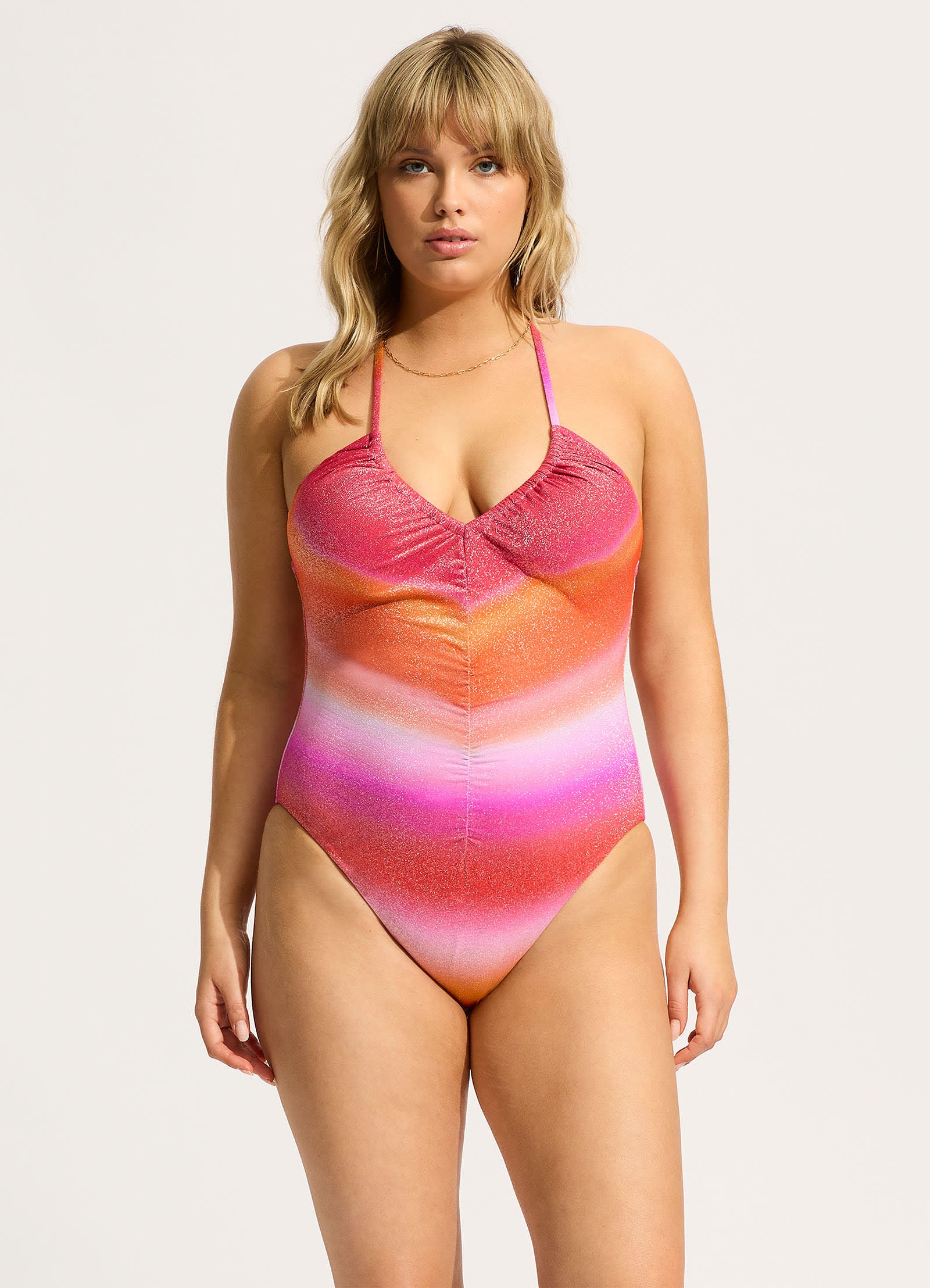 Spectrum Drawstring V Neck One Piece - Hot Pink - Image 6