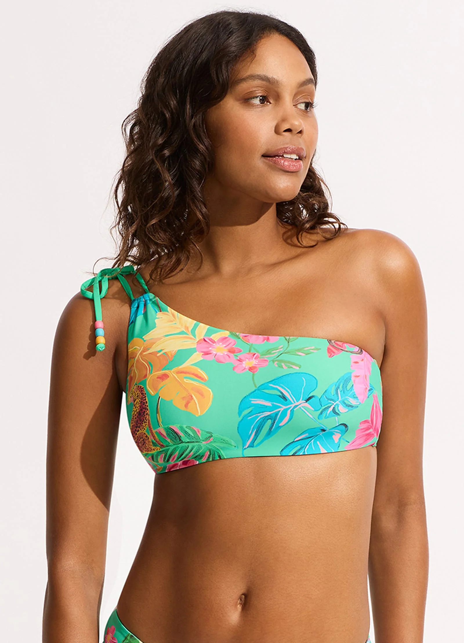 Tropica One Shoulder Bikini Top with Tie - Jade - Image 2