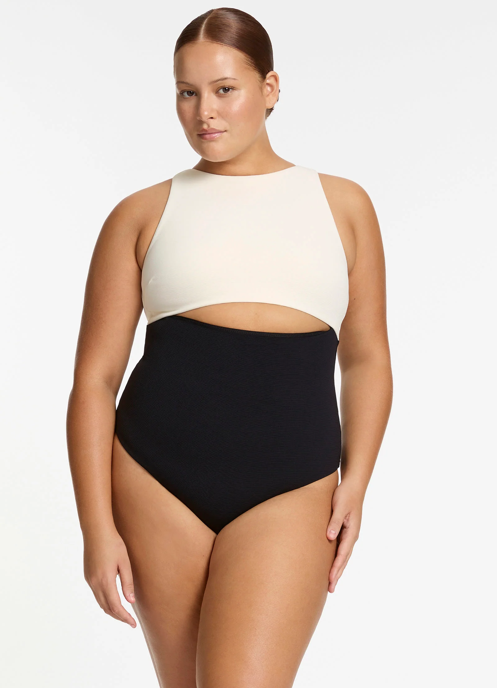 Versa Rib Cut Out High Neck One Piece - Black/Cream - Image 2
