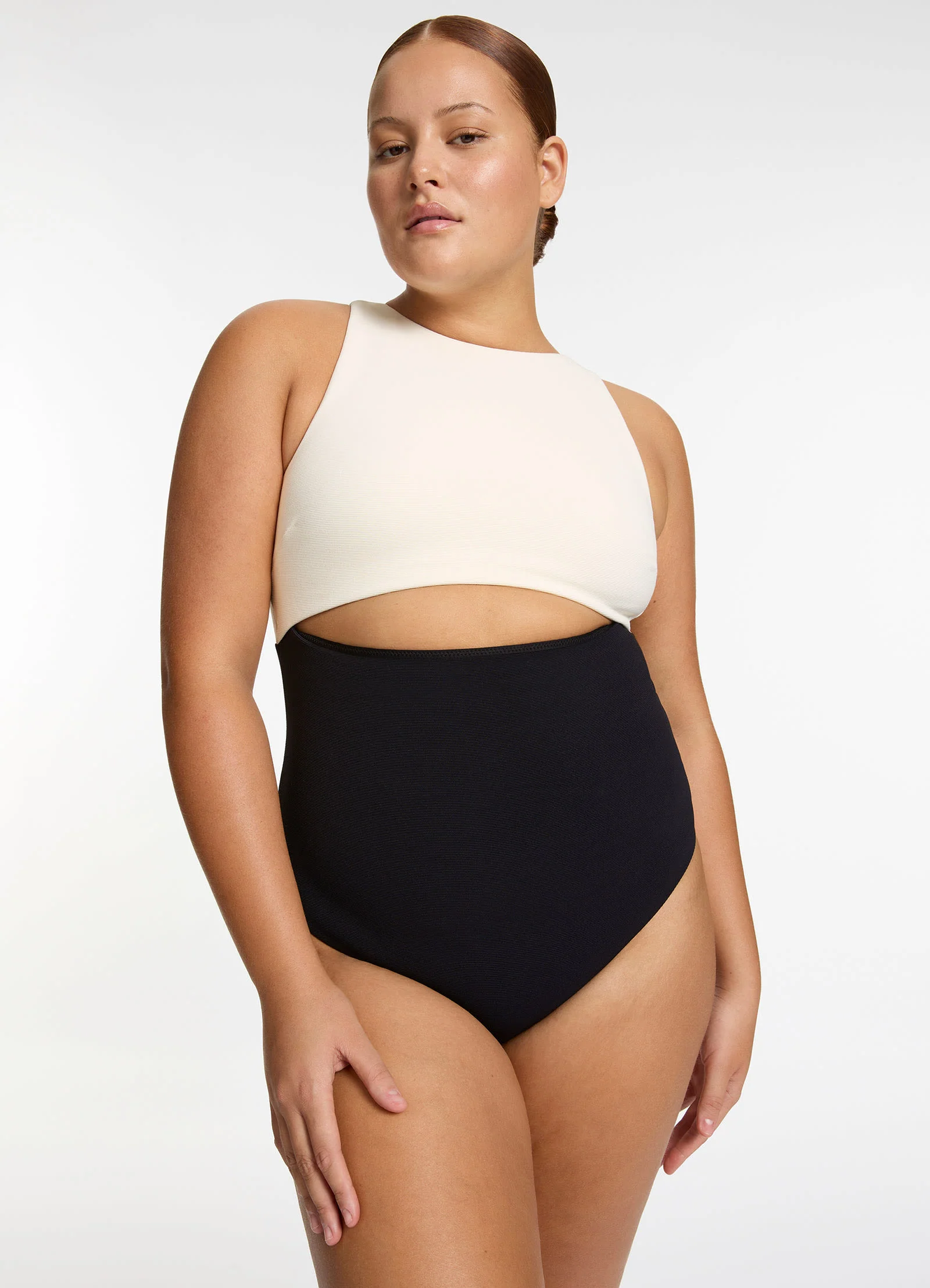Versa Rib Cut Out High Neck One Piece - Black/Cream - Image 3