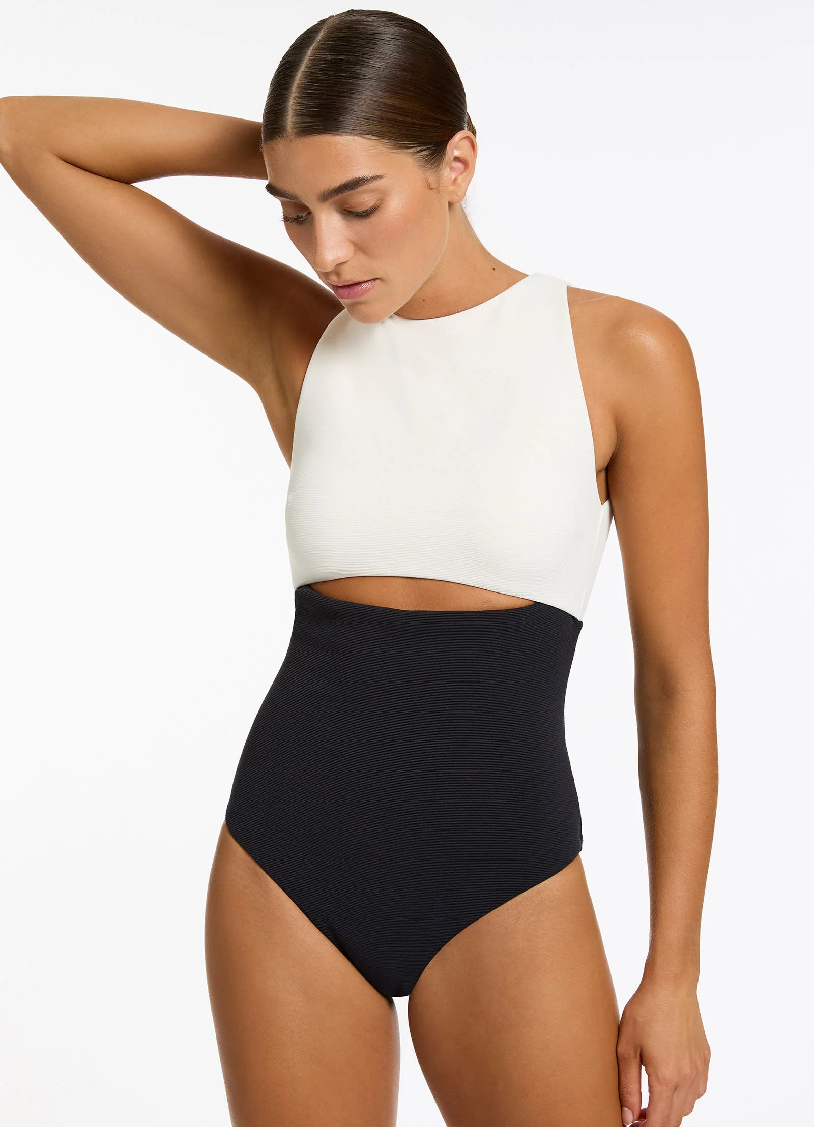 Versa Rib Cut Out High Neck One Piece - Black/Cream - Image 4