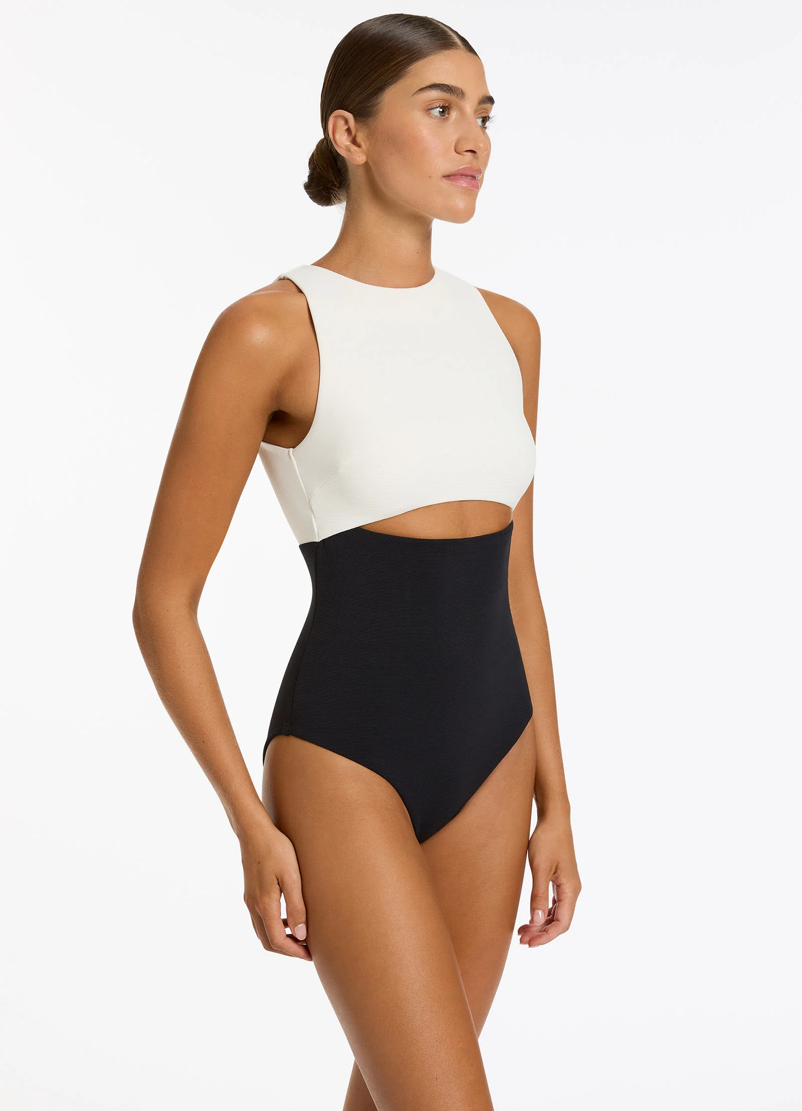 Versa Rib Cut Out High Neck One Piece - Black/Cream - Image 5